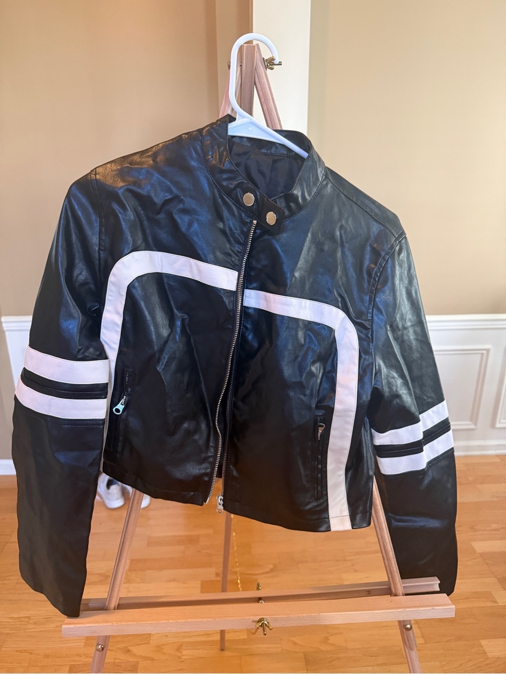Amazon Black Faux Leather Moto Jacket with White Racing Stripes